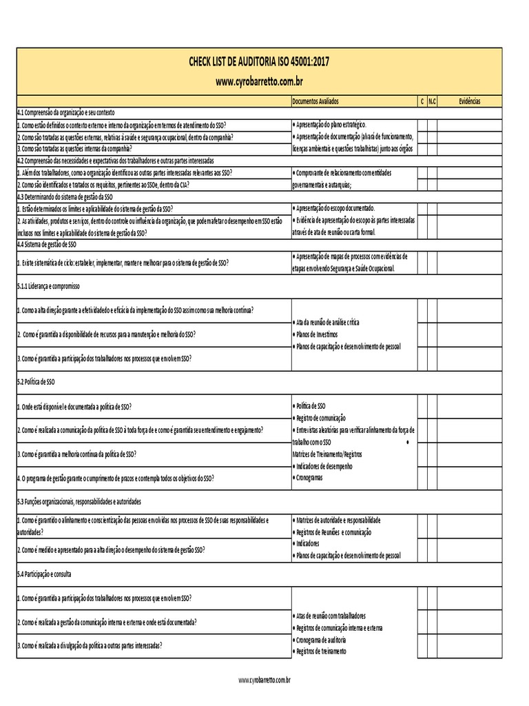Check List de Auditoria Iso 45001 - 2018 | PDF