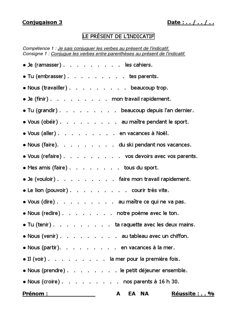 Exercices Présent De L indicatif 6ème à Imprimer 03 Present Indicatif | PDF