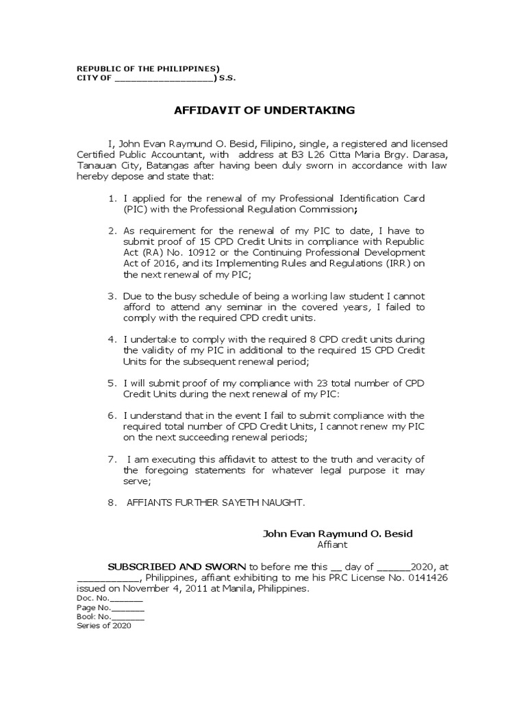 PRC Form Affidavit of Undertaking CPD PDF