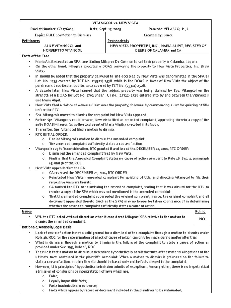 Vitangcol vs. New Vista Properties PDF