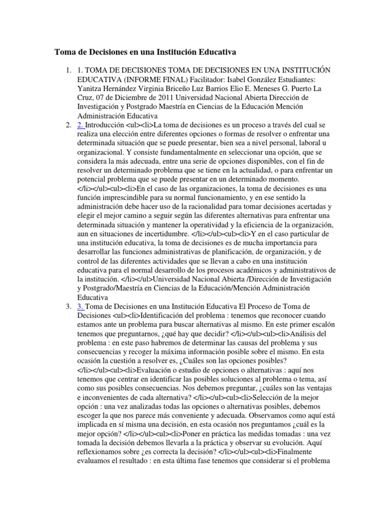 Toma de Decisiones en Una Institución Educativa | PDF