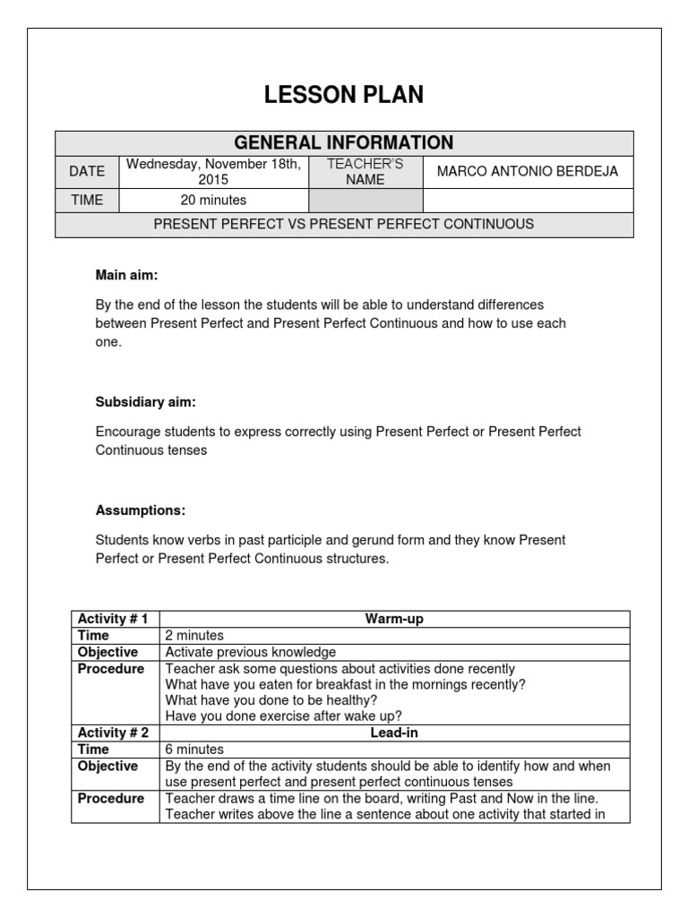 Present Perfect vs Continuous Lesson Plan | PDF | Career & Growth