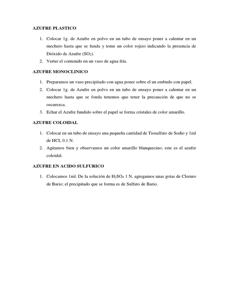 Experimentos con Azufre: Plástico, Monoclínico y Coloidal | PDF