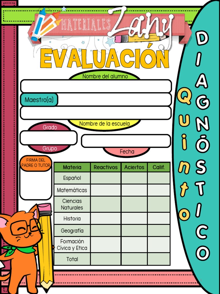 Examen Quinto Grado DiagnÃ Stico Materiales Zany PDF PDF
