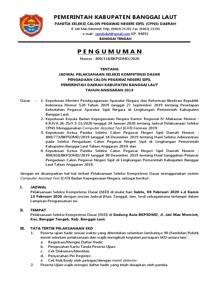 Surat Jadwal Ujian Skd Cpns Formasi 2019 Kab Banggai Laut Pdf