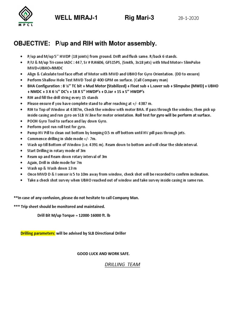 28-01-20 RIH With Motor Assembly | PDF | Technology & Engineering