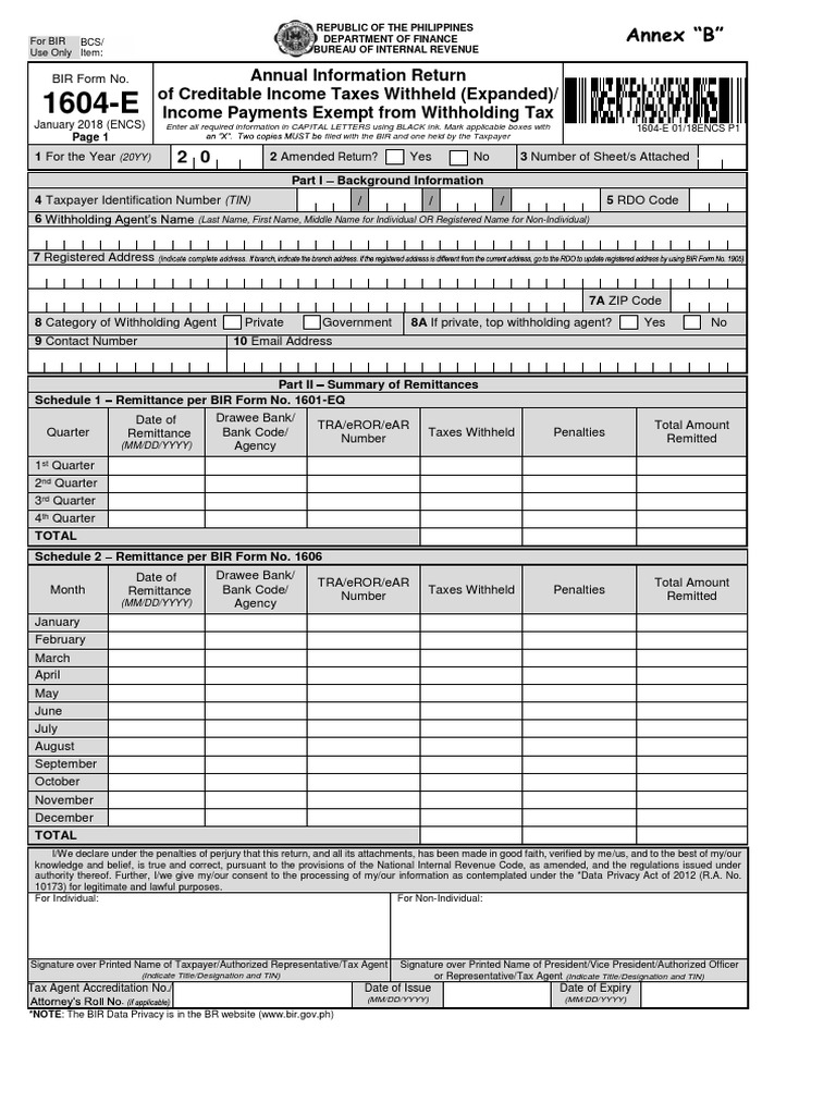 BIR Form 1604-E Instructions | PDF | Withholding Tax | Income Tax