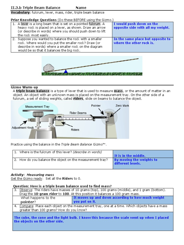 II.23.b GIZMO TripleBeam  PDF  Weighing Scale  Lever With Triple Beam Balance Worksheet