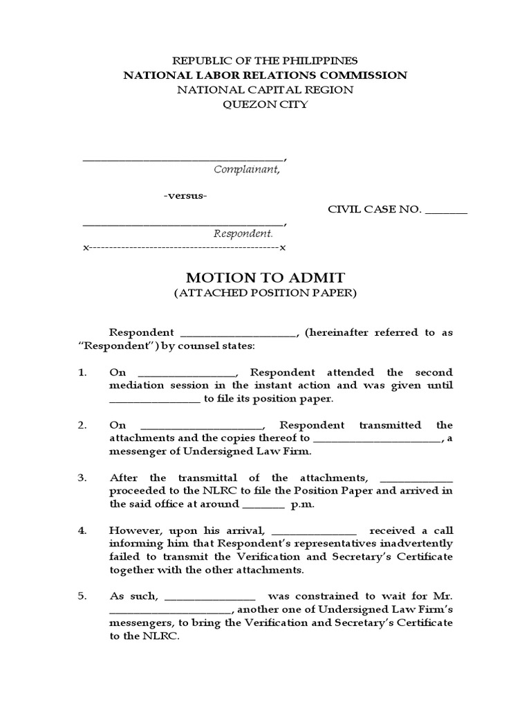 Motion to Admit Position Paper | PDF | Prejudice (Legal Term) | Common Law