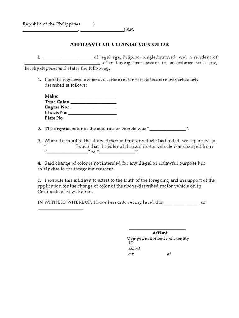 Affidavit of Change of Color of Motor Vehicle (Template)