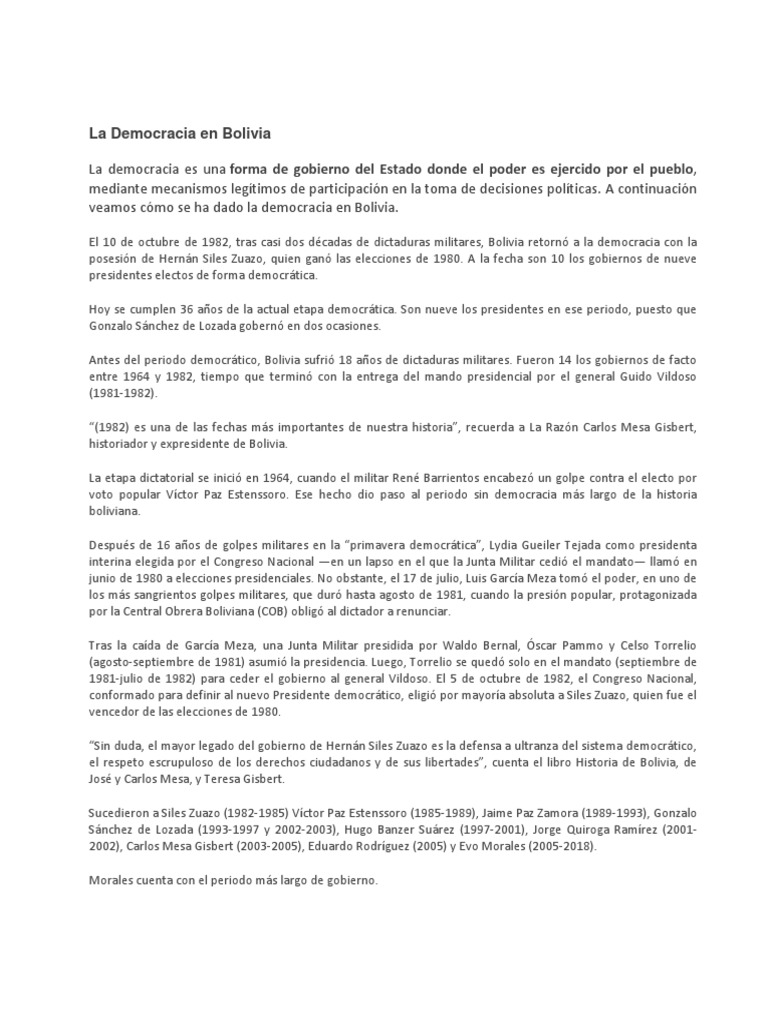 La Democracia en Bolivia | PDF | Bolivia | Jefes de estado
