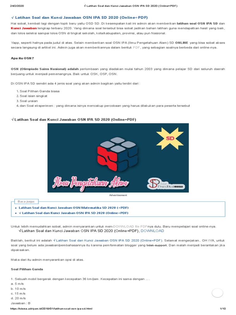 Latihan Soal Dan Kunci Jawaban Osn Ipa Sd 2020 Online Pdf