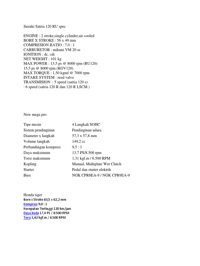 Spesifikasi Suzuki Satria 120 RU | PDF
