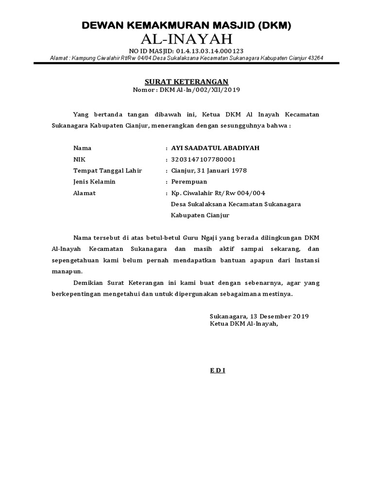 Surat Keterangan Guru Ngaji Dari Dkm