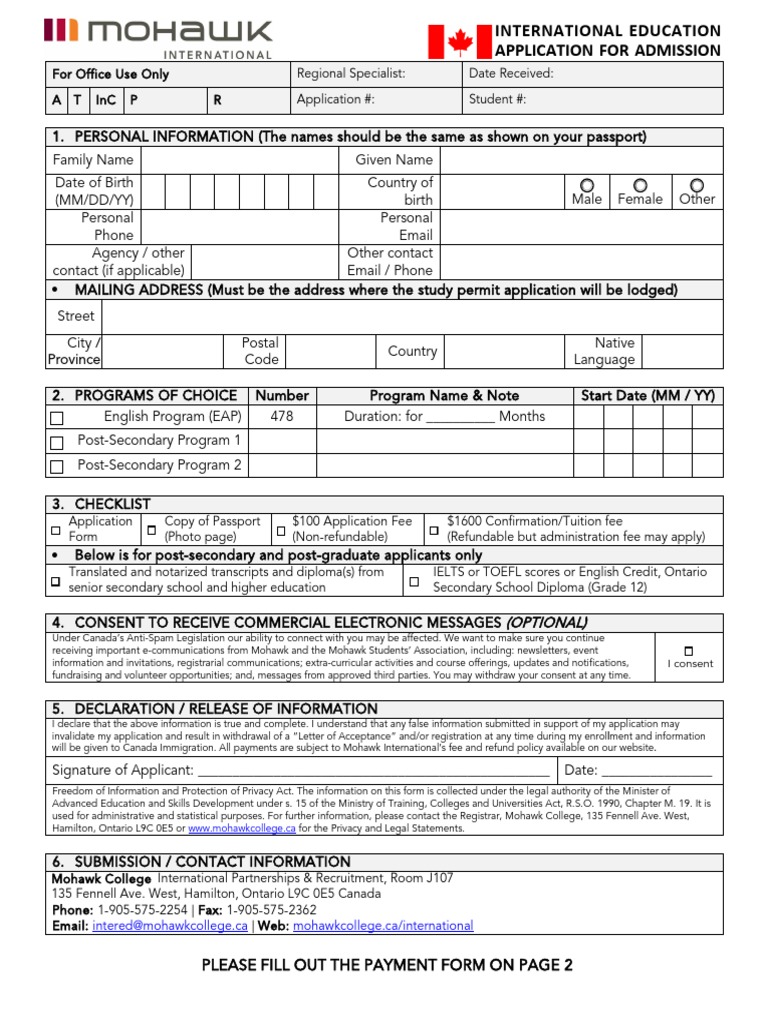 Mohawk College Application Form PDF Payments Credit Card