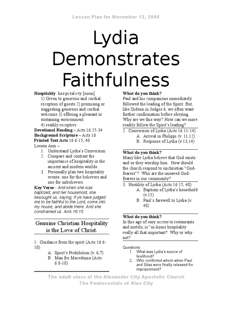 Lydia Demonstrates Faithfulness PDF Paul The Apostle Acts Of The