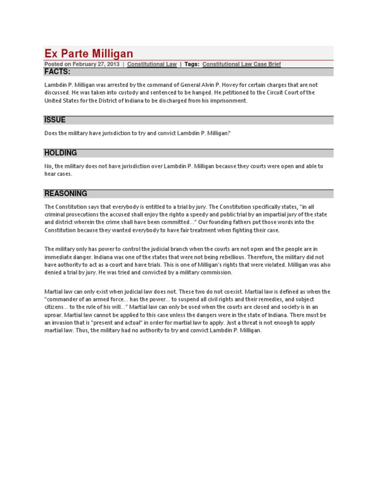 Ex Parte Milligan Case Brief