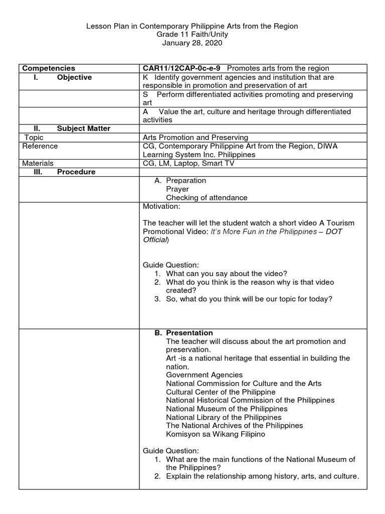 Lesson Plan In Contemporary Philippine Arts From The Region Pdf
