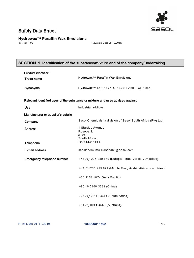 MSDS ZA Hydrowax (TM) Paraffin Wax Emulsions ENZA PDF