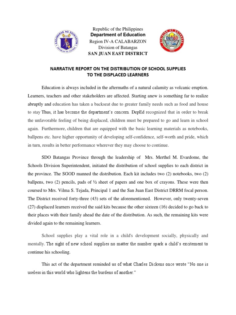 Narrative Report On The Distribution of School Supplies-San Juan East ...