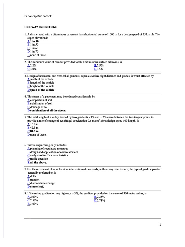 Highway Mcqs With Answer Keypdf