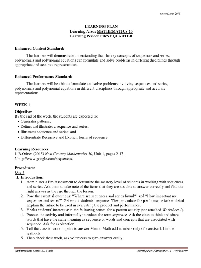 Mathematics 10 First Quarter Learning Plan | PDF | Wellness