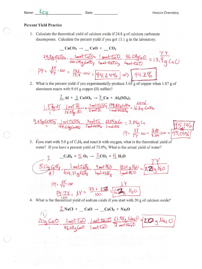 Answers Percent Yield Practice