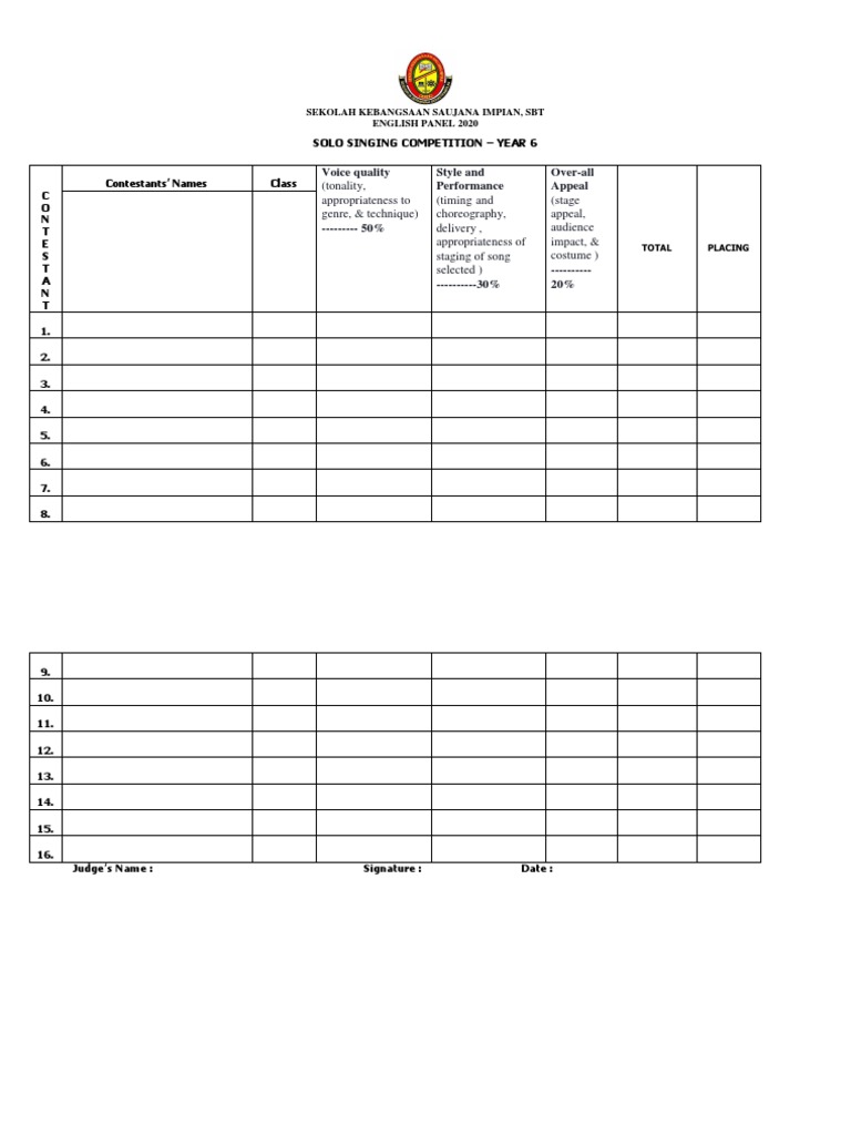 Year 6 Solo Singing Competition Score Sheet | PDF