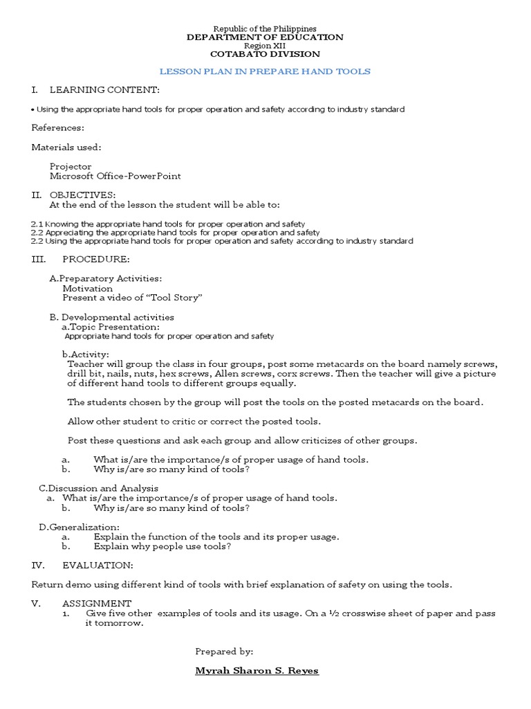Lesson Plan: Hand Tools Safety and Use | PDF