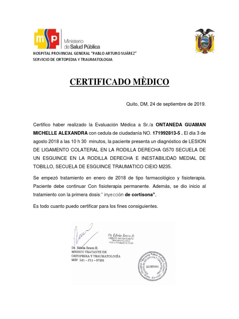 Certificado Médico de Ortopedia en Ecuador | PDF