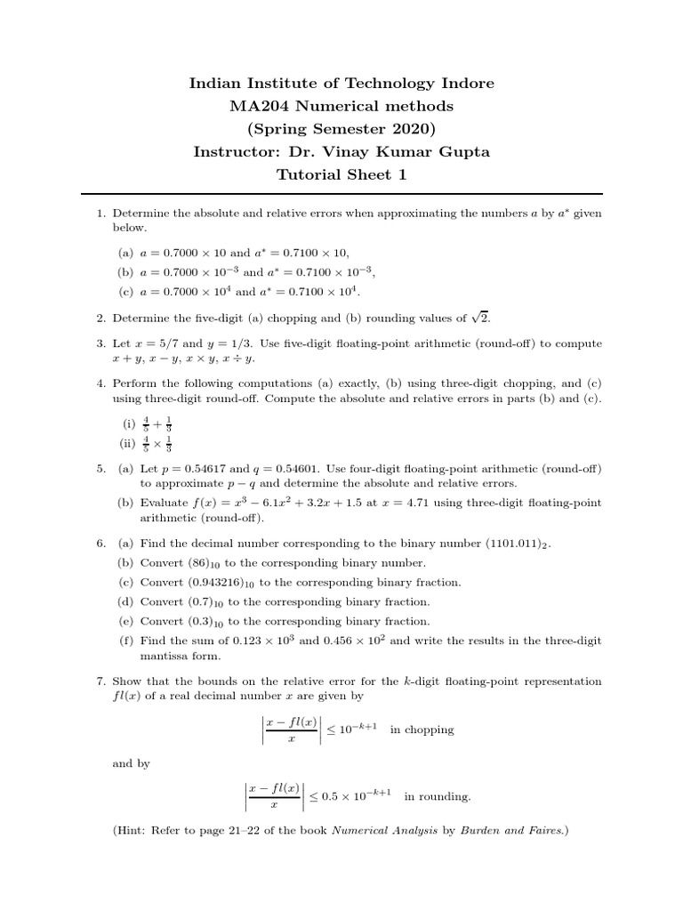 Numerical Methods Tutorial Sheet 1 | PDF