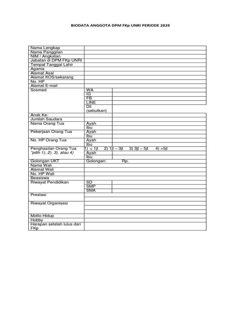 Biodata Anggota DPM FKP UNRI 2020 | PDF