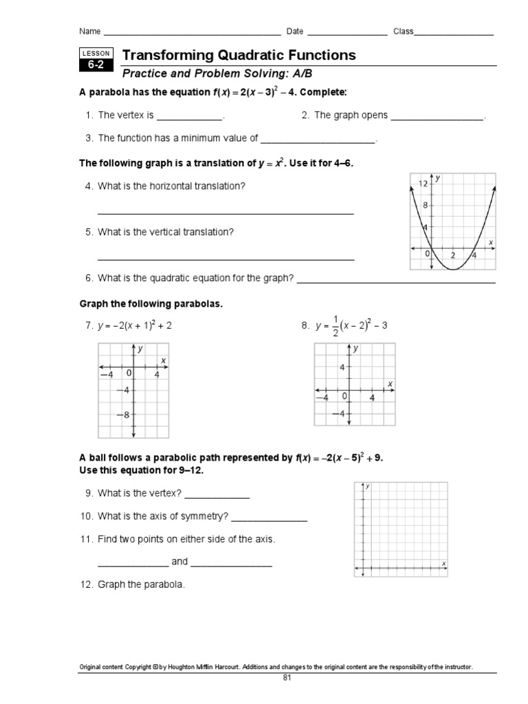 11 11 study guide and intervention transformations of quadratic graphs With Regard To Transformations Of Quadratic Functions Worksheet