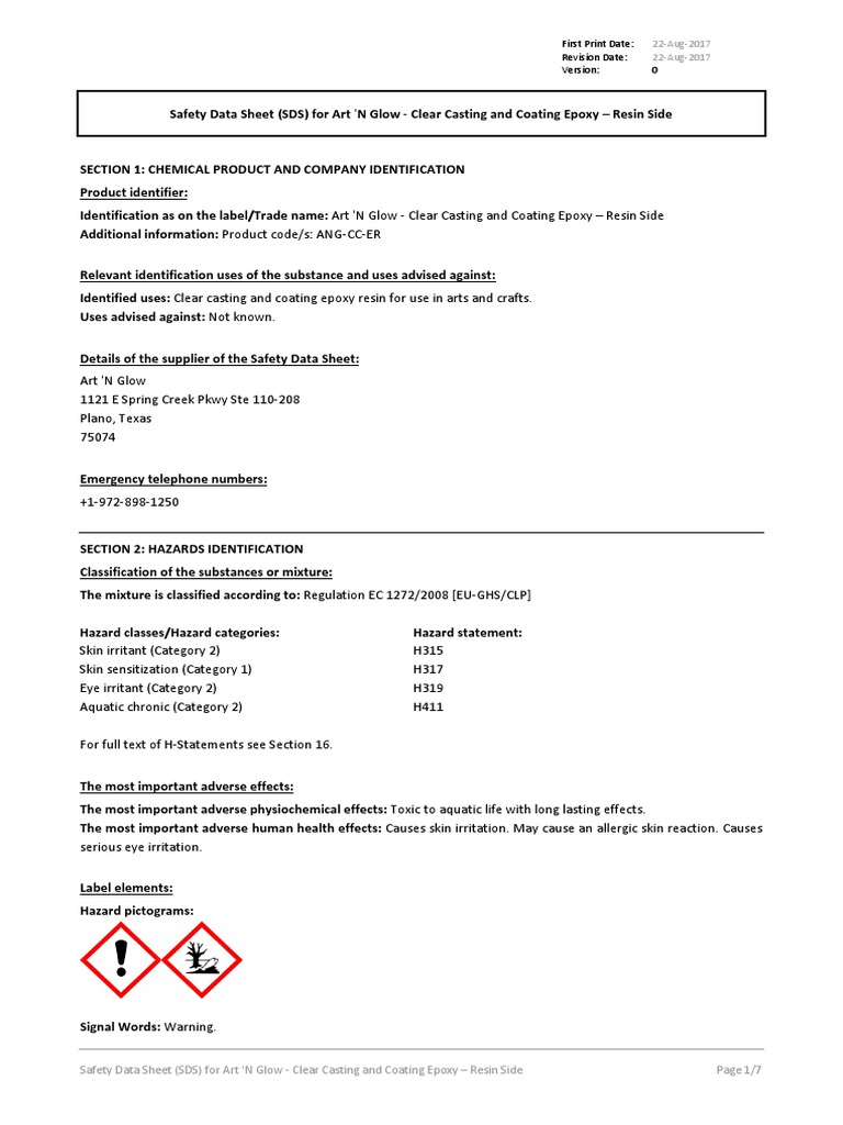 Art N Glow Clear Casting and Coating Epoxy Resin SDS Complete PDF