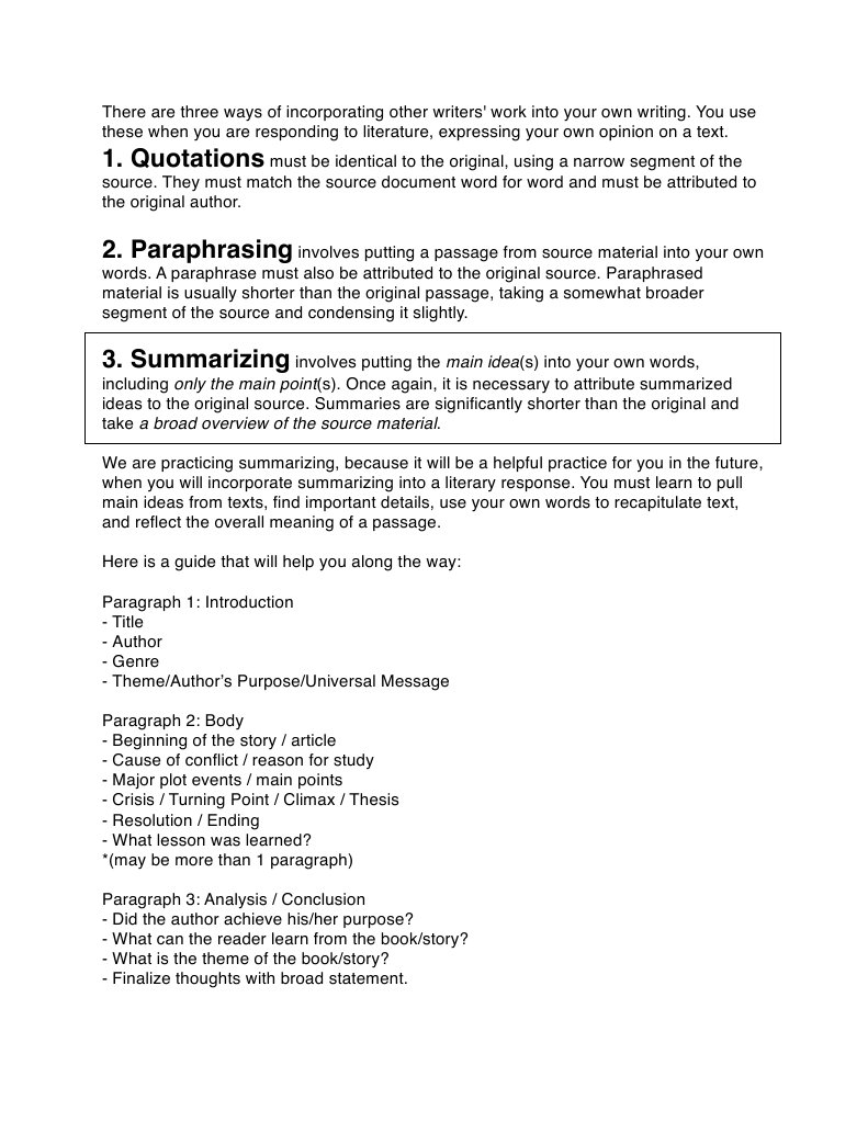 Summarizing vs. Paraphrasing Guide | PDF