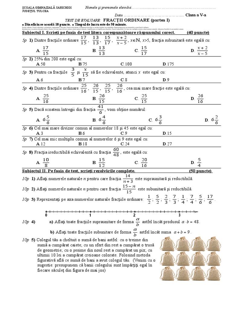 Exercitii Cu Fractii Clasa 5 Pdf Test Fractii Ordinare Clasa A V A | PDF