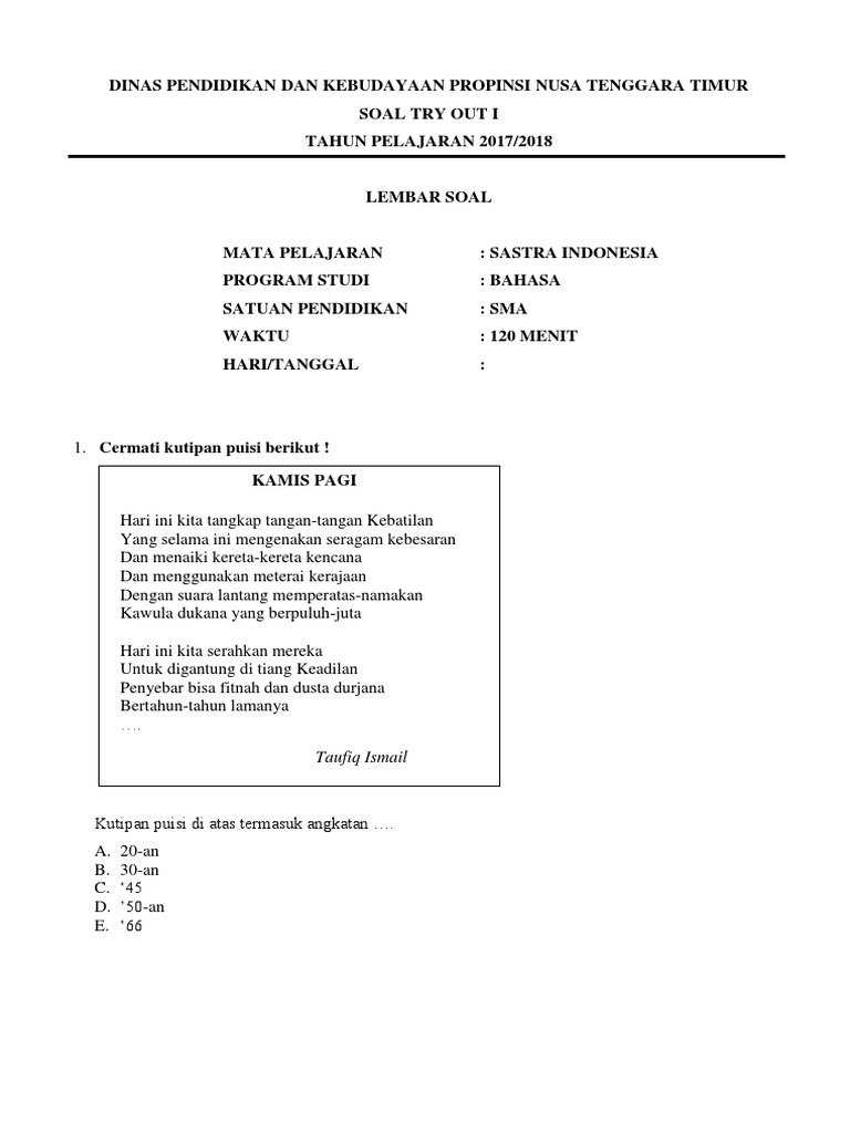 Soal Sastra Persiapan Un