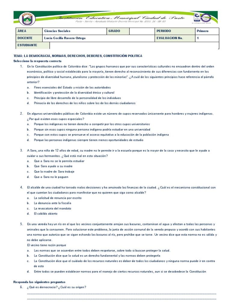 Evaluación de Democracia para Sexto Grado | PDF | Democracia ...