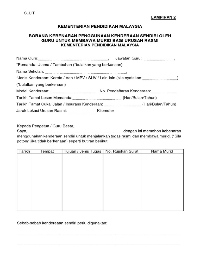 Contoh Surat Kebenaran Membawa Murid Dengan Kenderaan Sendiri