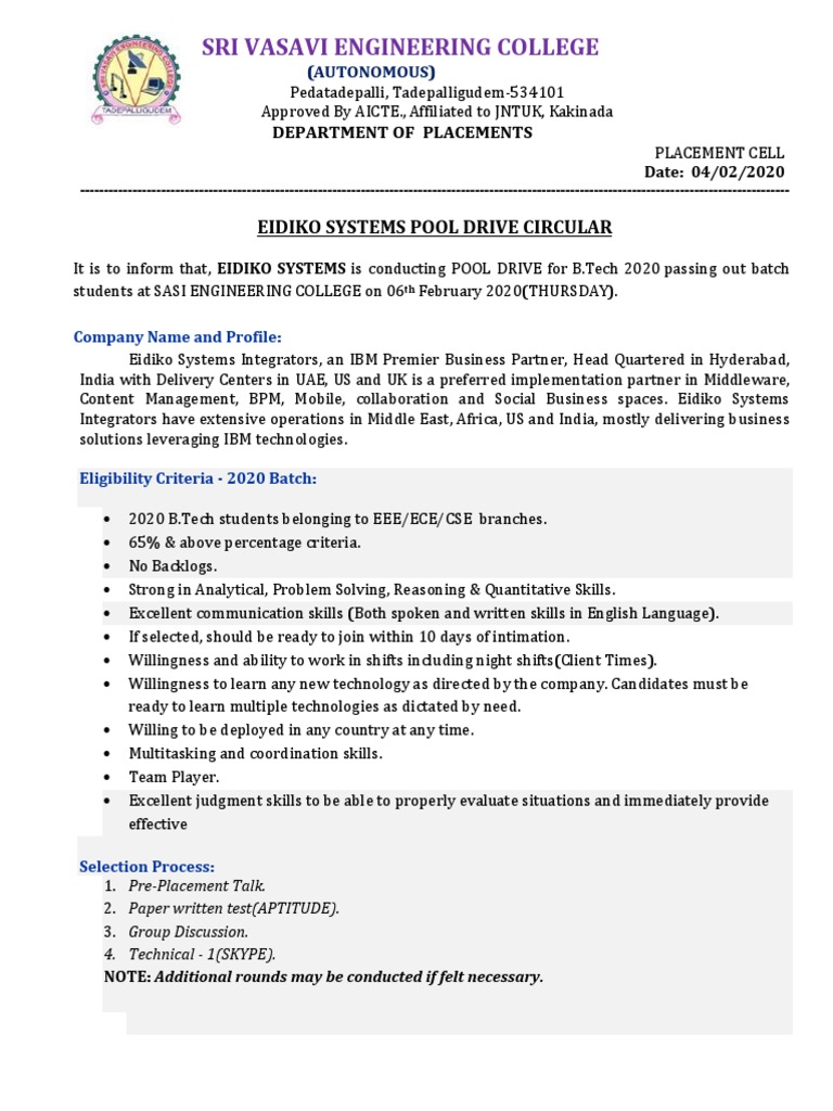 Eidiko Systems Pool Drive for B.Tech 2020 | PDF | Java (Programming ...
