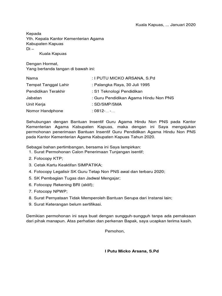 Contoh Permohonan Bantuan Insentif Guru Non Pns Pdf