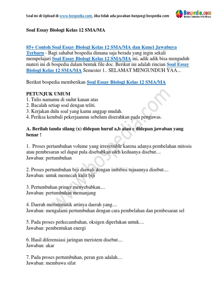 85 Contoh Soal Essay Biologi Kelas 12 Sma Ma Dan Kunci Jawabnya Docx
