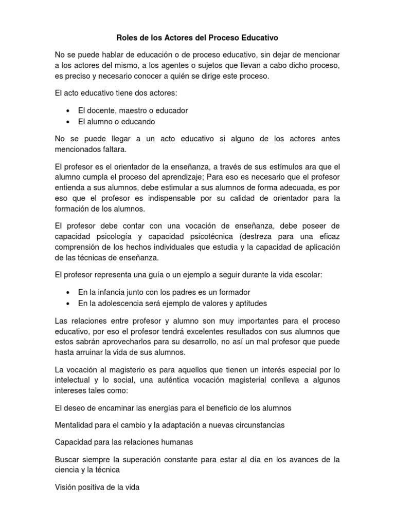 Roles en el Proceso Educativo | PDF | Maestros | Sicología