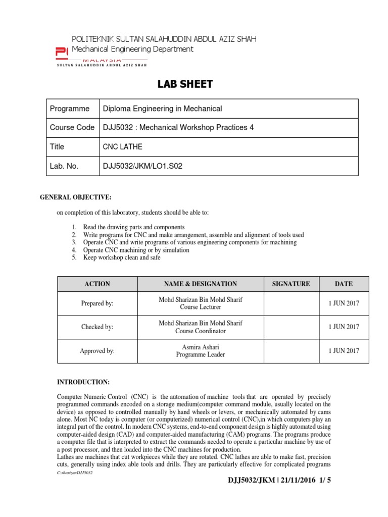 CNC Lathe Lab for Mechanical Diploma | PDF