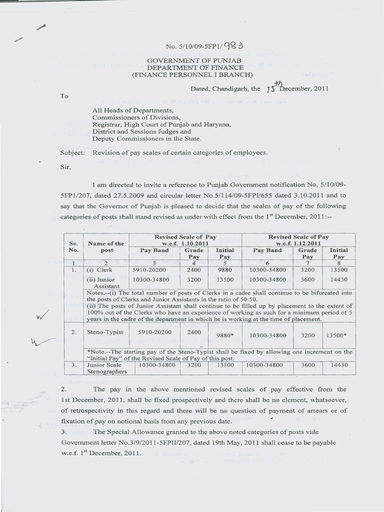 Revised Pay Scales For Clerical Staff No. 5102009 5FP1.983 Dated 15.12.2011  PDF | PDF | Government Information | Justice