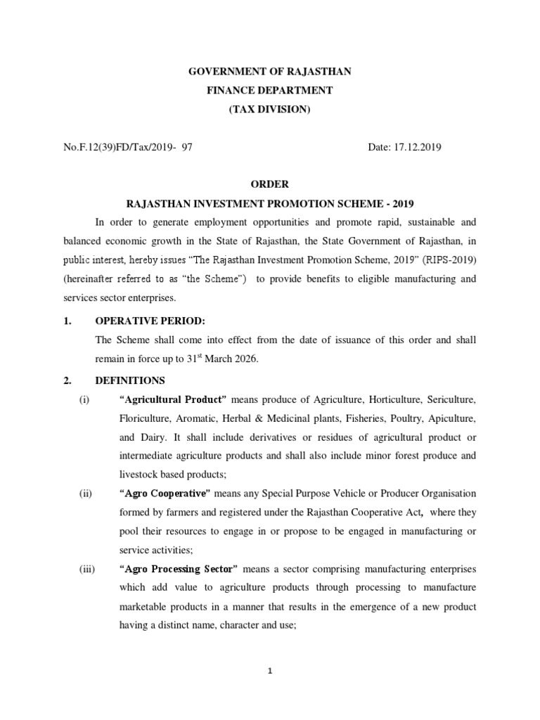 Rajasthan Investment Promotion Scheme Rips 2019 PDF Petrochemical