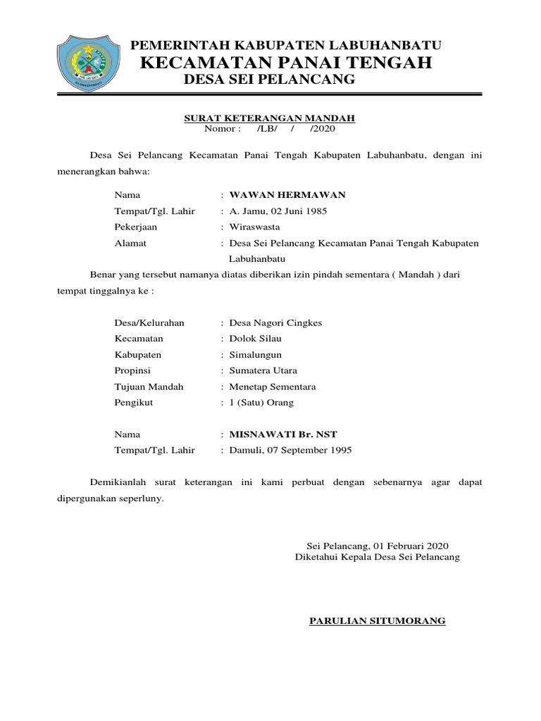 Surat Keterangan Mandah Pindah Sementara