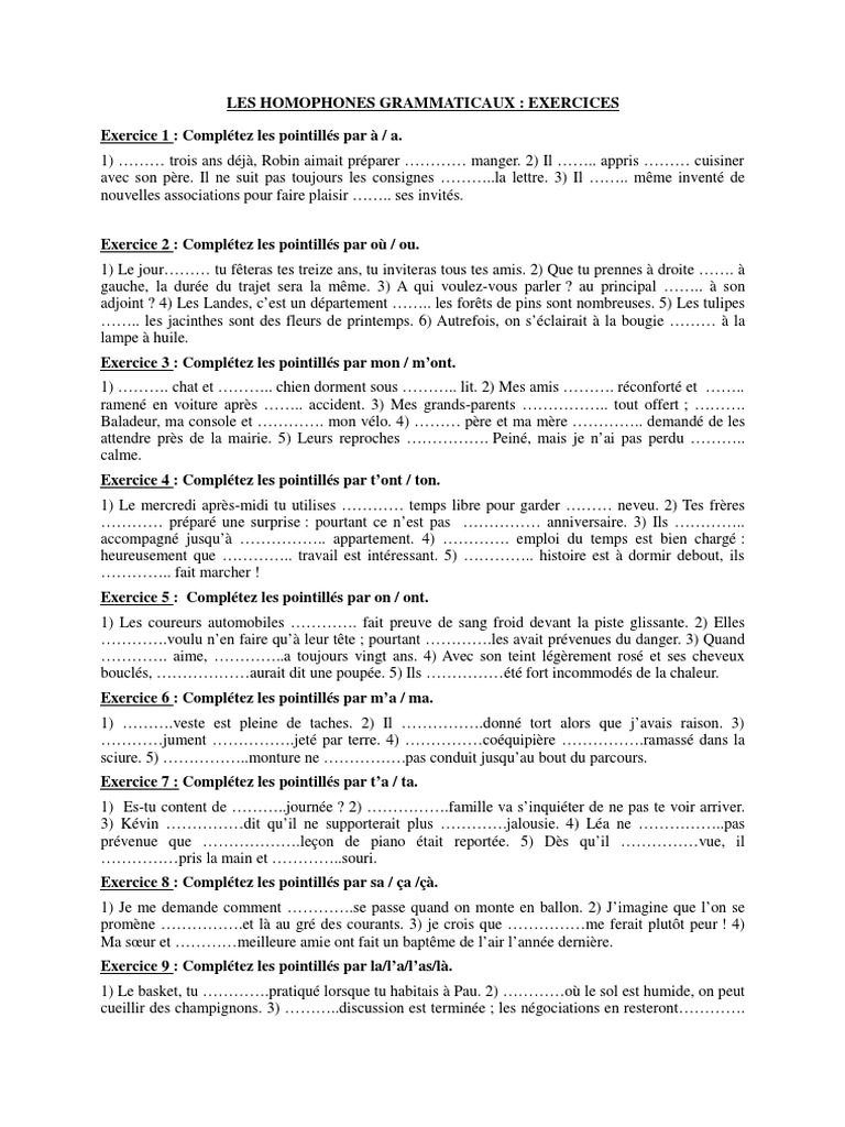 Exercices Homonymes Cm1 à Imprimer Exercice Les Homophones Grammaticaux PDF | PDF