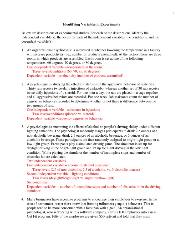 Identifying Independent and Dependent Variables worksheet