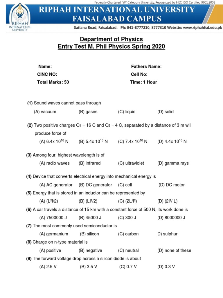 M.Phil Physics Entry Test Spring 2020 | PDF